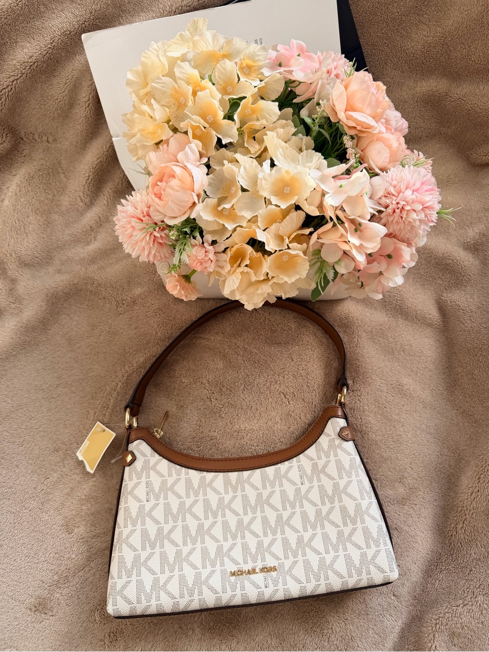 Michael Kors White Beige MK Logo Shoulder Bag with Brown Trim